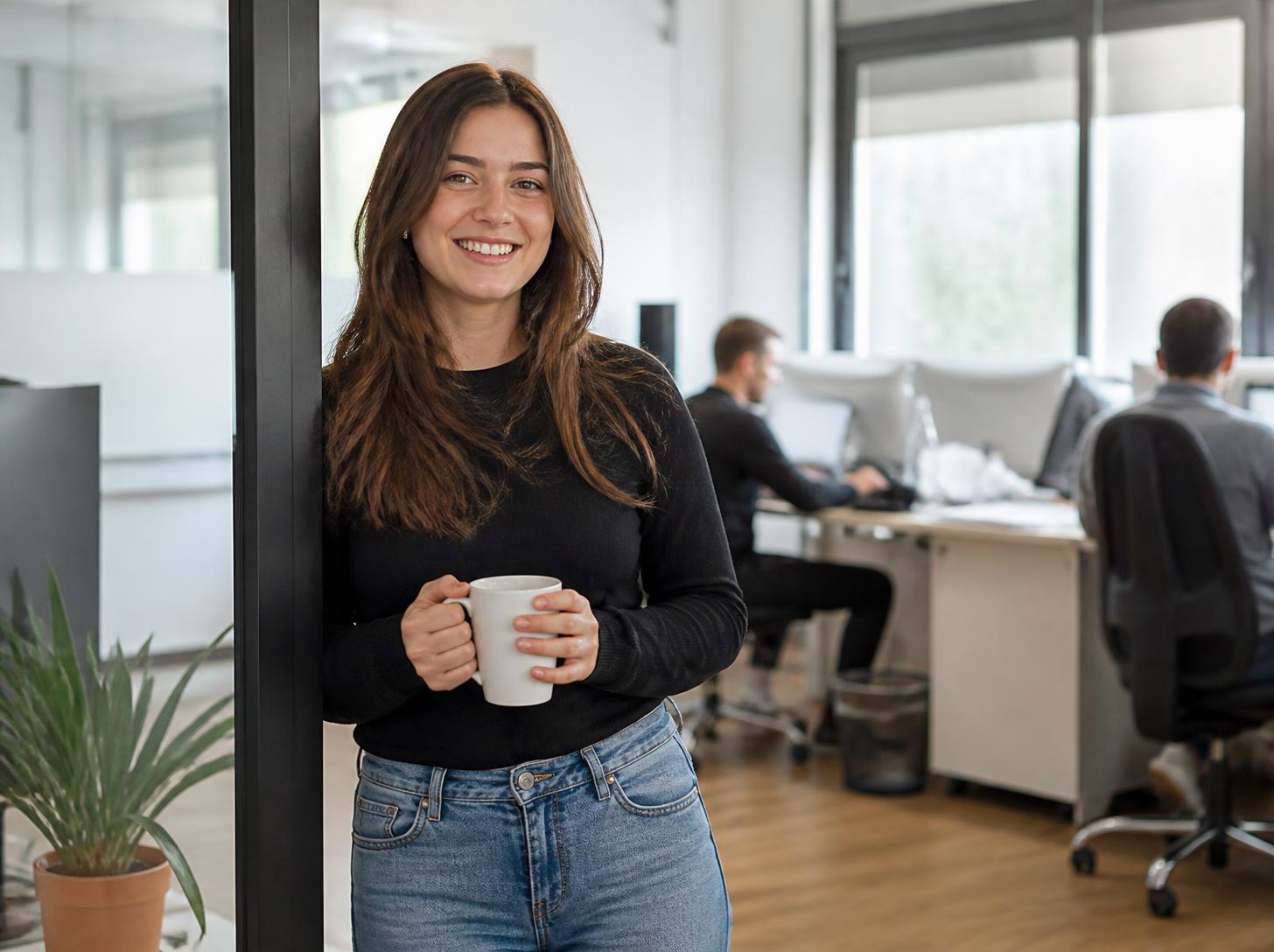 Junge Frau in der Ausbildung mit Kaffeetasse im Büro