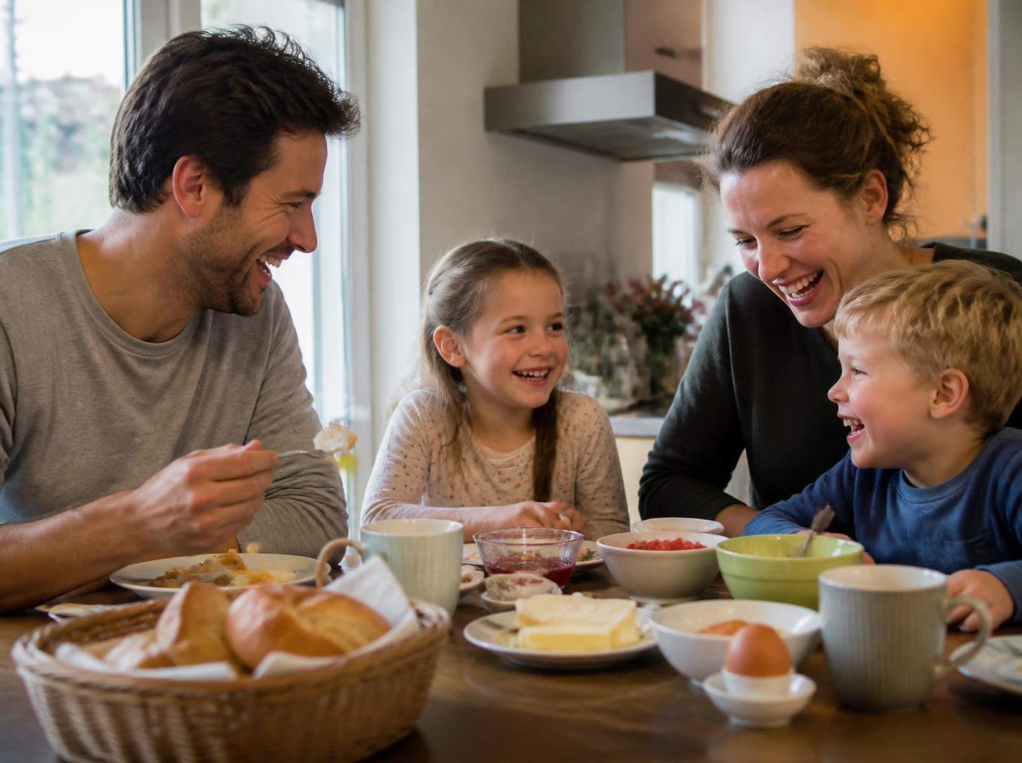 Familie mit zwei Kindern am Frühstückstisch