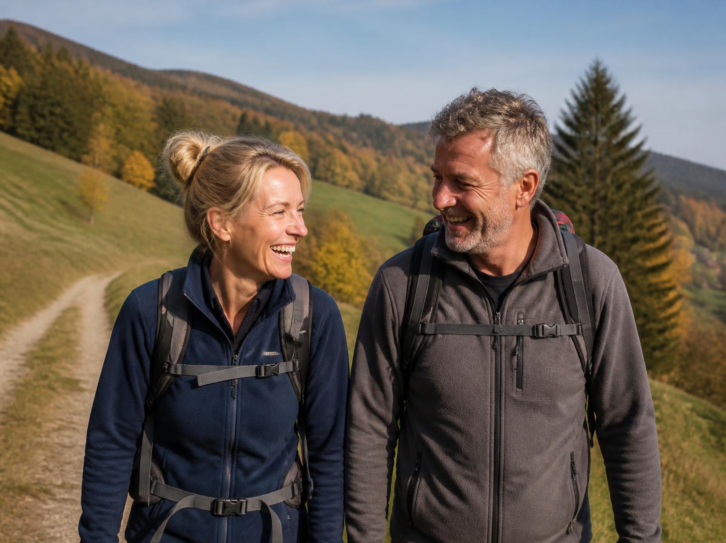 Paar Mitte fünfzig beim Wandern im Herbst